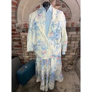 suit skirt blazer button front top swing skirt floral blue pink white